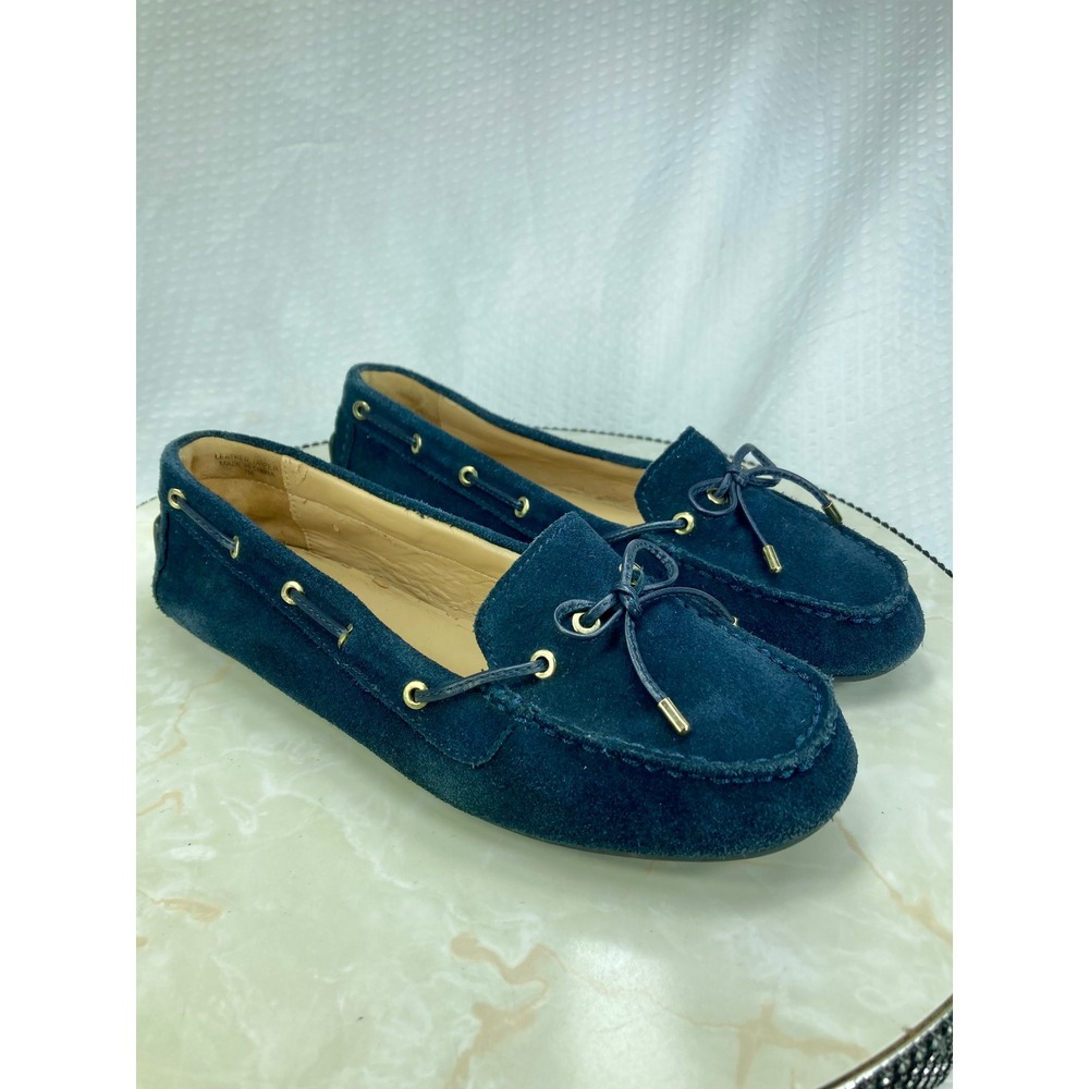 Talbots Suede Leather Driving Loafers Womens 7 Navy Blue Bow Accent Comfort Flat